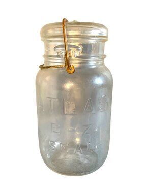 Vintage Atlas E-Z SEAL Quart Clear Glass Canning Jar Wire Bale & Glass Lid